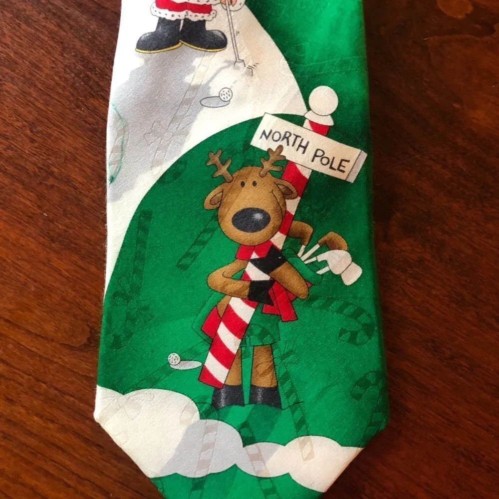 Hallmark Yule Tie Greetings‎ Silk Santa Golfing Tie with Reindeer